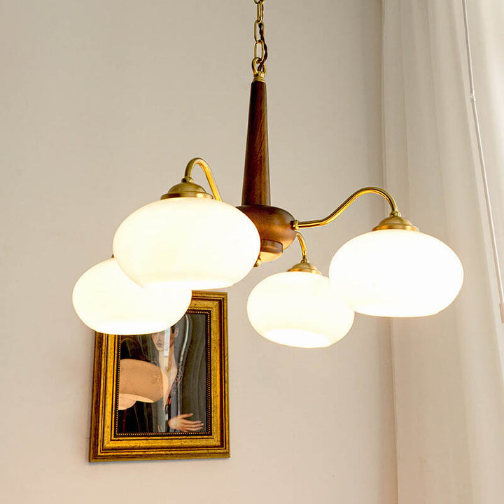 Vintage Walnut Glass Shade 4/6-Light Chandelier