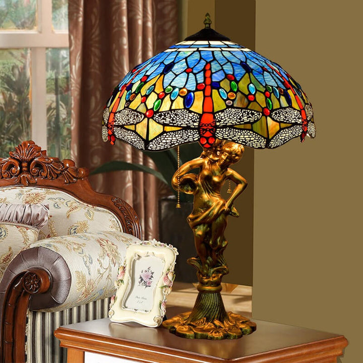 Lámpara de mesa con cremallera de 3 luces de vidrio Tiffany Mediterráneo Libélula 