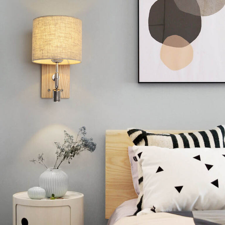 Modern Fabric Shade Wooden Base 1-Light Wall Sconce