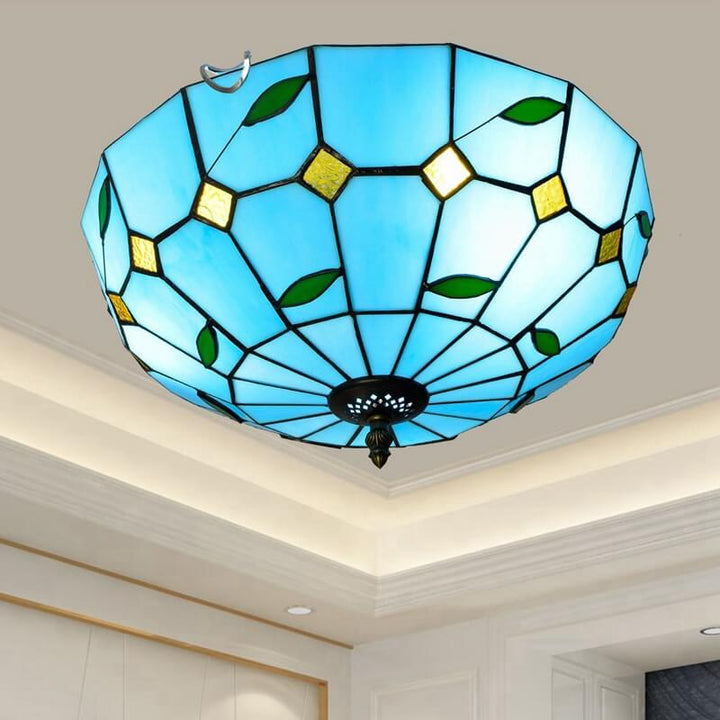 Tiffany Blau Mediterranes Buntglas 3-Licht Deckenleuchte 