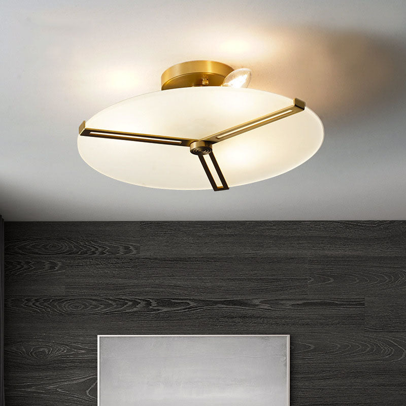 Modern Glass Flat Round Brass 3-Light Semi-Flush Mount Ceiling Light