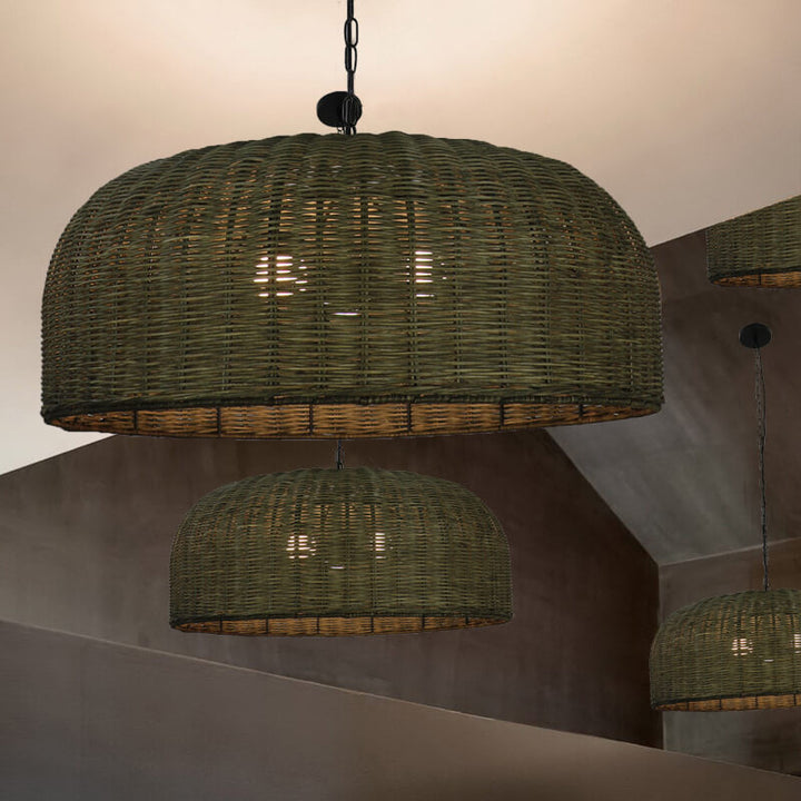 Vintage Rattan Weben Trommel 3-Licht Kronleuchter 