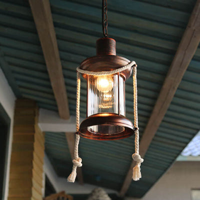 Vintage Hemp Rope Lantern Oil Lamp Iron Pendant Light