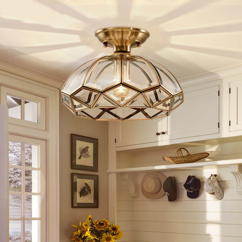 European Brass Glass Dome 1-Light Pendant Ceiling Light