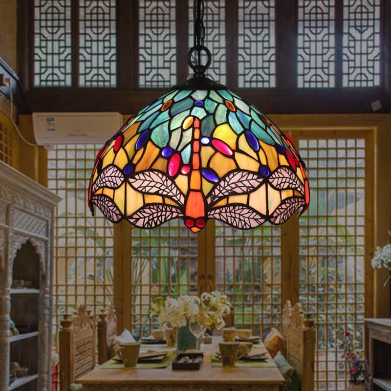 Lámpara colgante de 1 luz con pantalla de vidrio Tiffany Retro Dome Dragonfly 