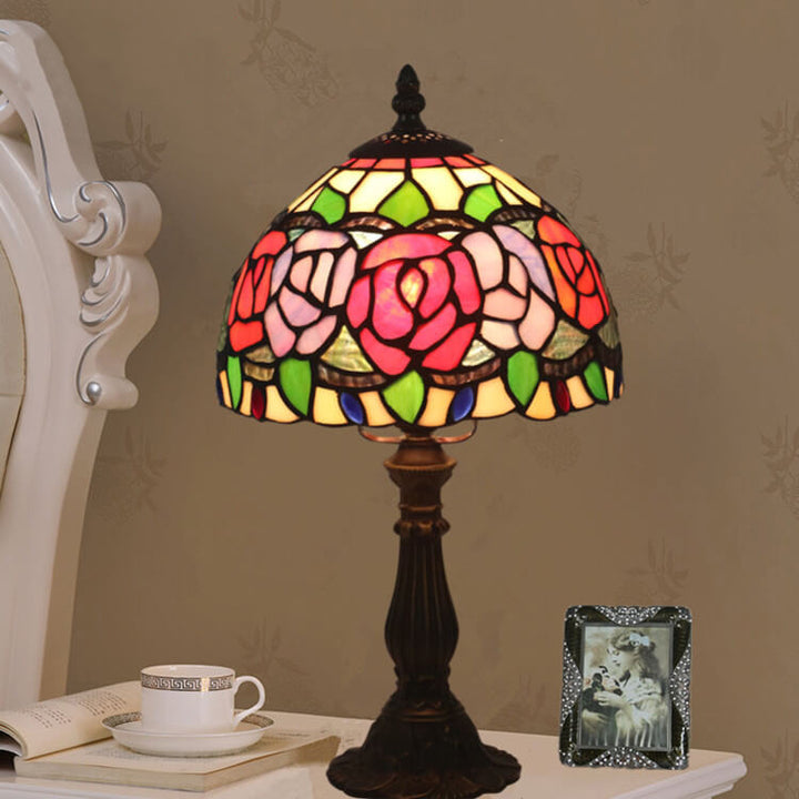 Retro Tiffany Flowering Rose Stained Glass 1-Light Table Lamp