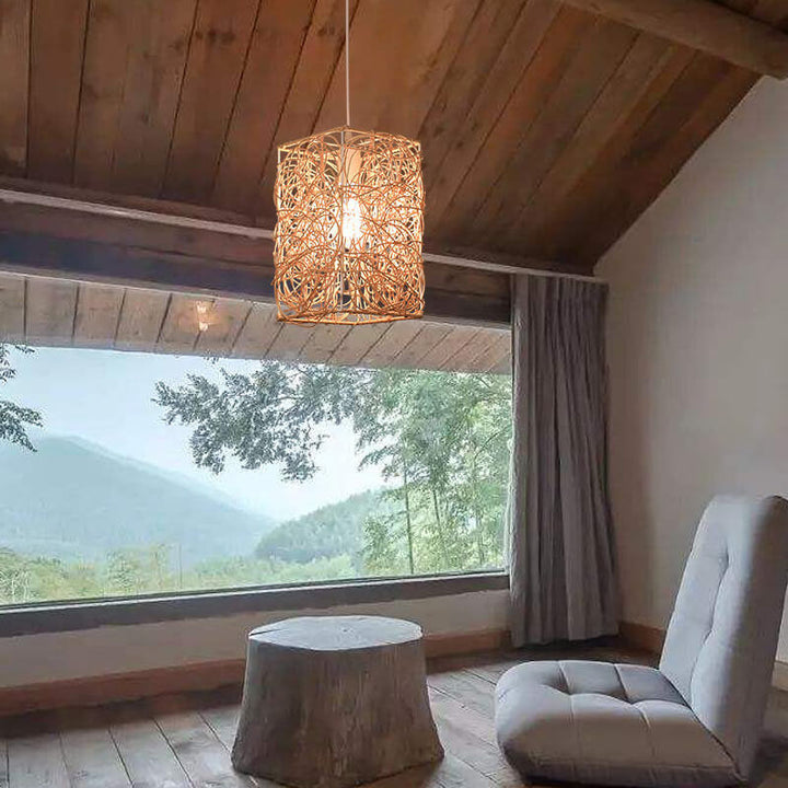 Lámpara colgante de 1 luz con forma cuadrada de tejido de ratán vintage 