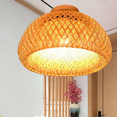 Bamboo Weaving Bowl Shape 1-Light LED Flush Mount Ceiling Light