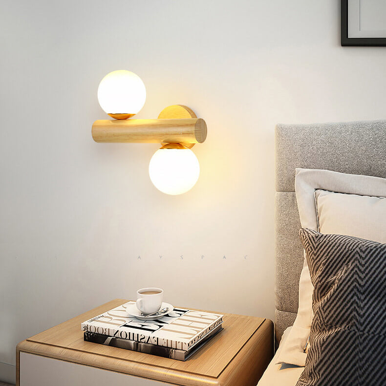 Modern Log Wood Double Glass Globe 2-Light Wall Sconce Lamp