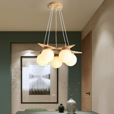 Modern Solid Wood Frosted Glass Ball 3/5 Light Chandelier