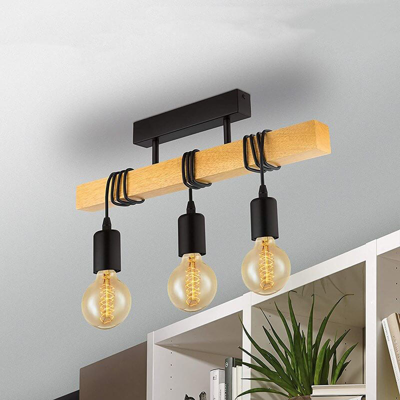 Industrial Vintage Wooden Linear 3-Light Semi-Flush Mount Ceiling Light
