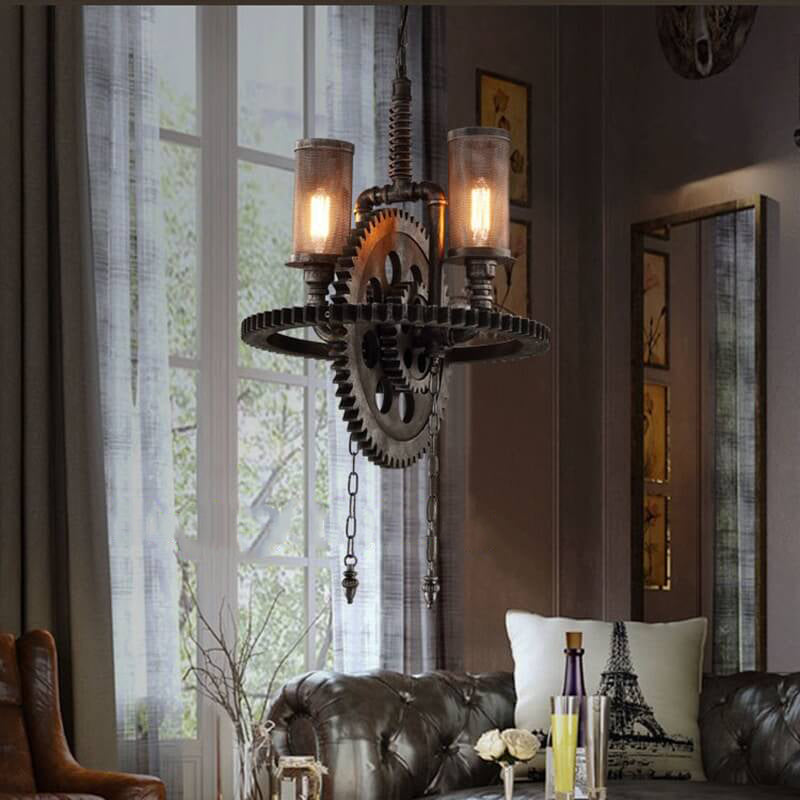 Vintage Industrial Iron Gear Shape 2-Light Chandelier