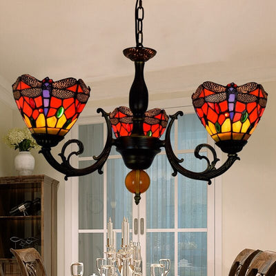 European Tiffany Red Dragonfly Stained Glass 3-Light Chandelier