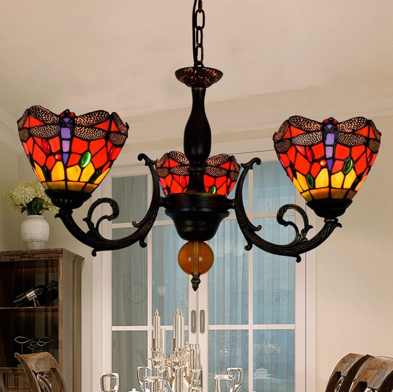 European Tiffany Red Dragonfly Stained Glass 3-Light Chandelier