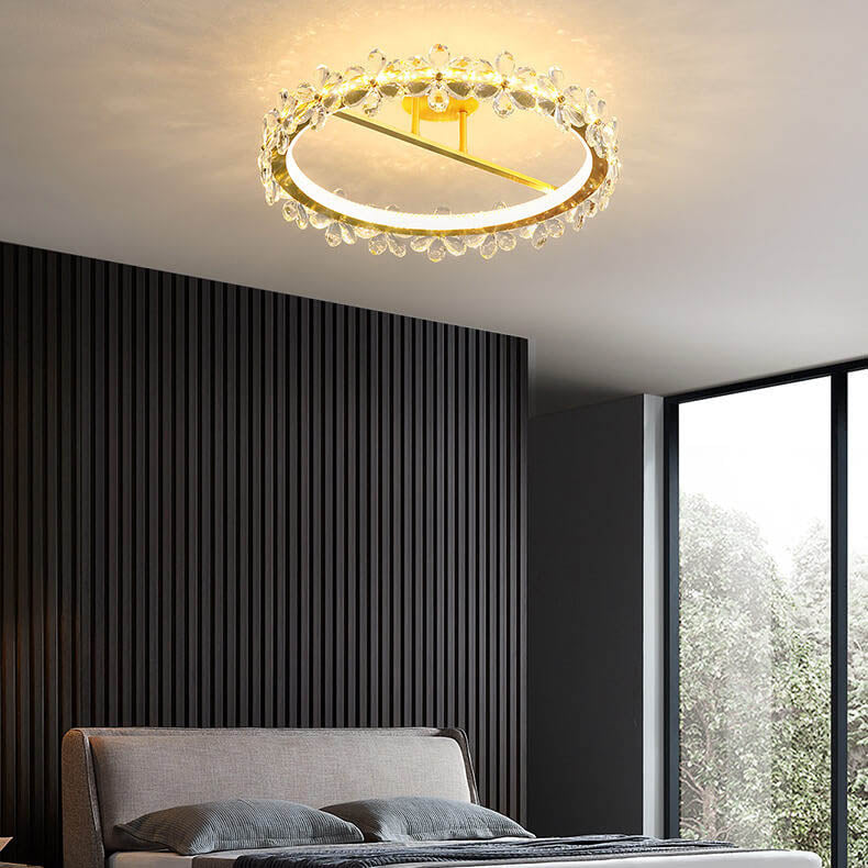 Moderne Luxus Kristall Blütenblatt Ring LED Deckenleuchte in halber Einbauhöhe 
