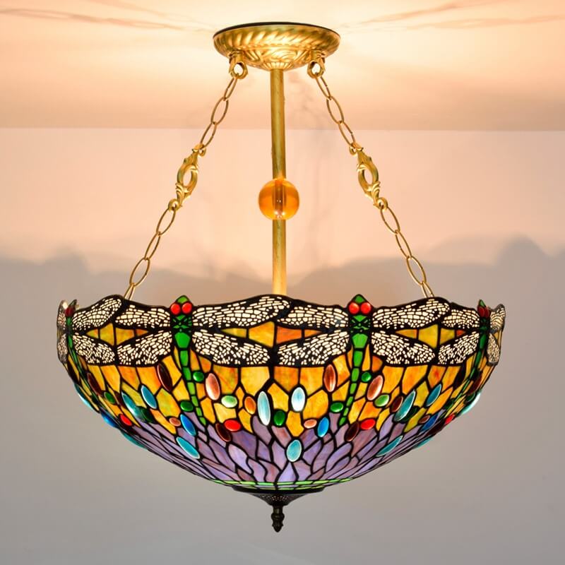 Vintage Tiffany Dragonfly Stained Glass 3-Light Chandelier