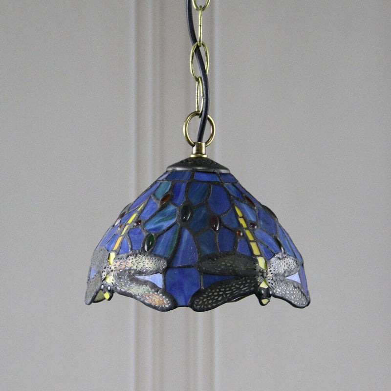 Tiffany Buntglas 1-Licht Libelle Dome Pendelleuchte 