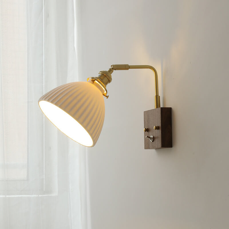 Vintage Walnuss Keramik Glocke 1-Licht Wandleuchte Lampe 