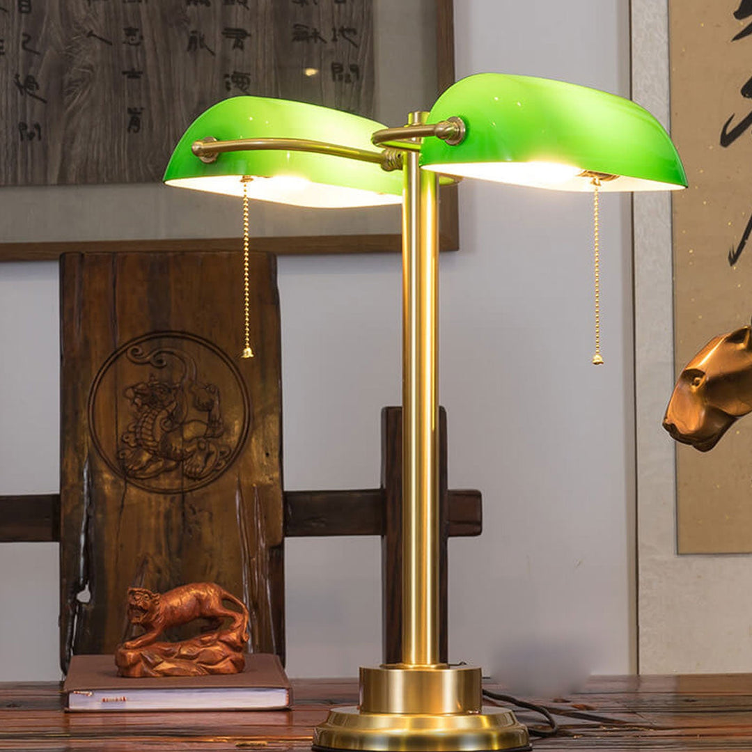 Lampe de table vintage en laiton vert à 2 lumières avec cordon de tirage et toucher 