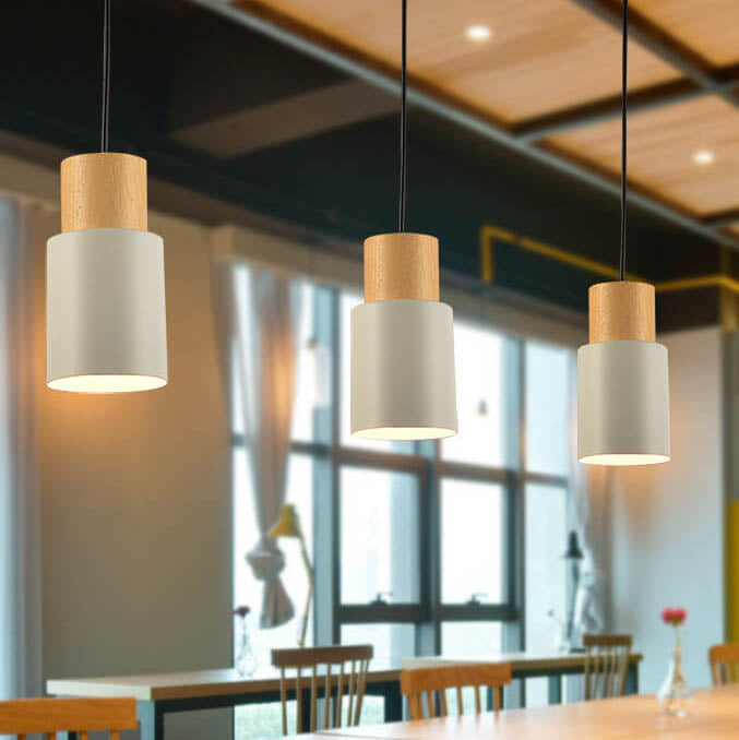 Lámpara colgante LED de 1 luz cilíndrica recta de madera maciza simple 