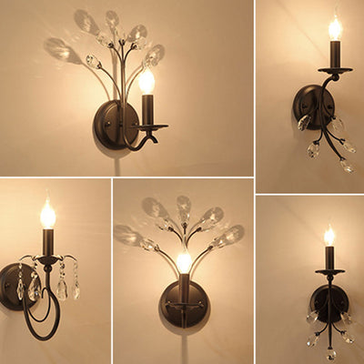 European Rustic Vintage Wrought Iron Crystal 1-Light Wall Sconce Lamp