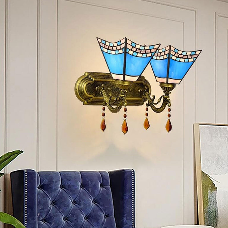 European Creative Tiffany Blue Glass Crystal 2-Light Wall Sconce Lamp