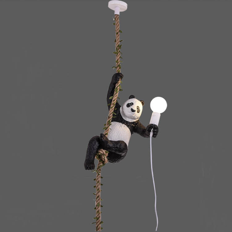 Lámpara colgante de resina creativa Panda con cuerda de cáñamo de 1 luz 