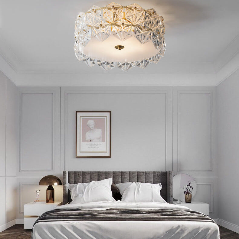 Modern Snowflake Glass Round Brass 4-Light Flush Mount Ceiling Light