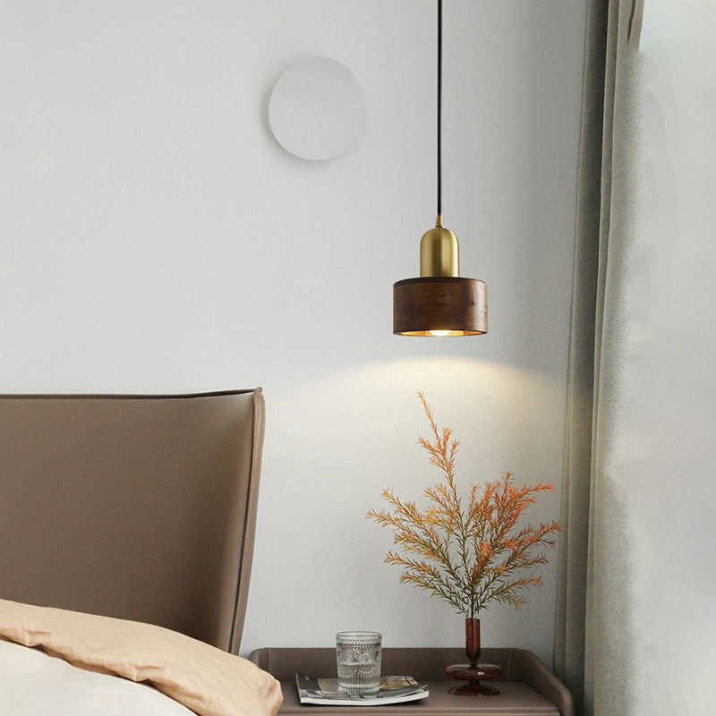 Vintage Walnut Cylinder Brass Top LED Pendant Light