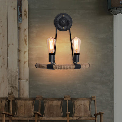 Industrielle Vintage Hanfseil-Eisen-Wandleuchte mit 2 Leuchten 