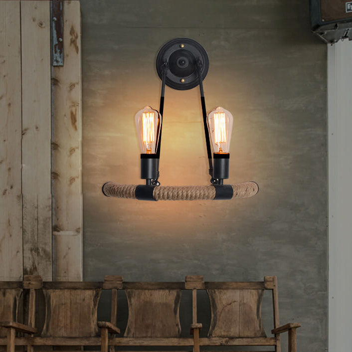 Vintage Industrial Hemp Rope Iron 2-Light Wall Sconce Lamp