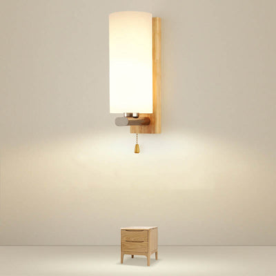 Nordic Wooden Glass Cylindrical 1-Light Wall Sconce Lamp