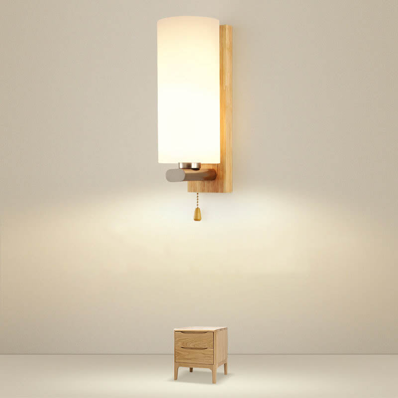 Nordic Wooden Glass Cylindrical 1-Light Wall Sconce Lamp