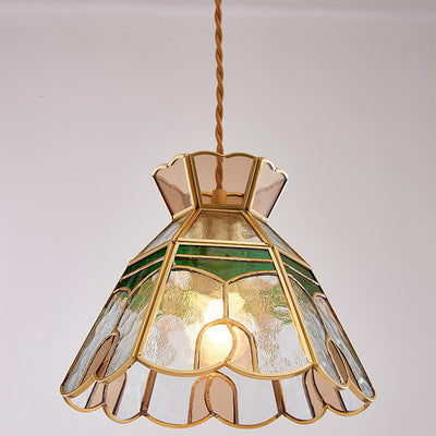 Vintage Bell Brass Glass 1-Light Pendant Light