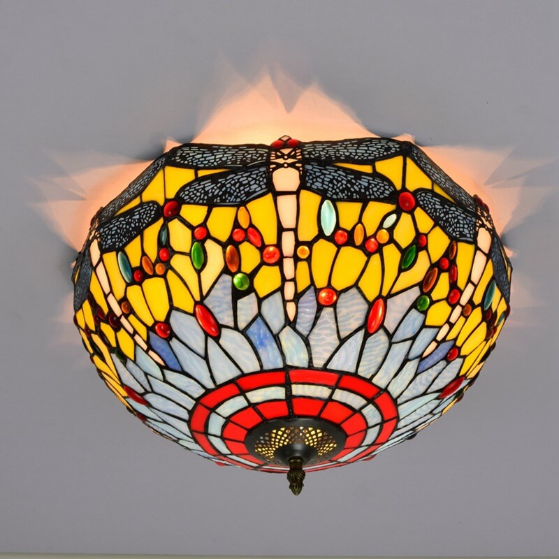 Tiffany Stained Glass Dragonfly 3-Light Flush Mount Ceiling Light