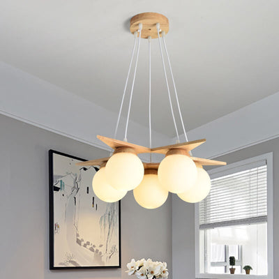 Modern Solid Wood Frosted Glass Ball 3/5 Light Chandelier