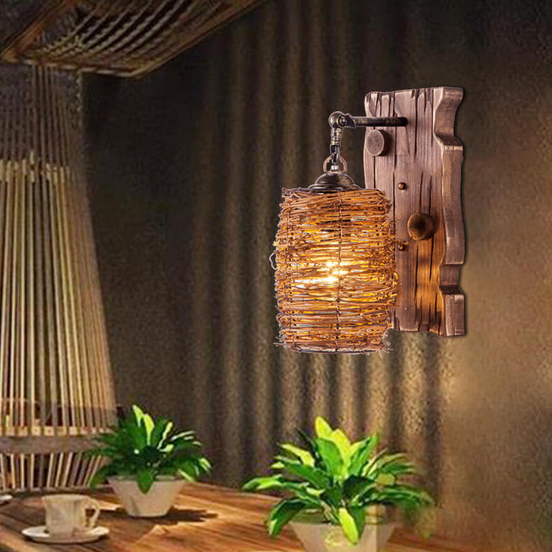 Vintage Original Wood Cylinder Shade Antique 1-Light Wall Sconce Lamp