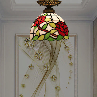Vintage Tiffany Red Rose Glass 1-Light Semi-Flush Mount Ceiling Light