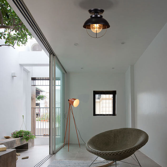 Lustre de plafond semi-encastré à 1 lumière avec abat-jour en verre et dôme en fer industriel pour balcon 