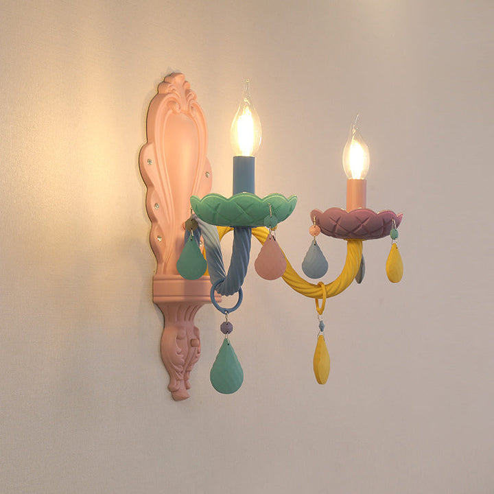 Contemporary Creative Iron Glass Crystal Macaron Candelabra 2-Light Wall Sconce Lamp For Living Room & Bedroom