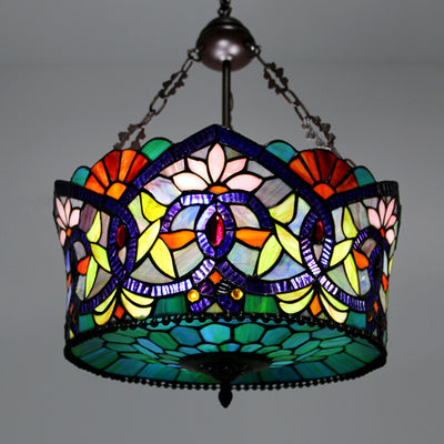 European Tiffany Flower Leaf Stained Glass 3-Light Chandelier