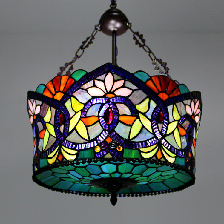 European Tiffany Flower Leaf Stained Glass 3-Light Chandelier