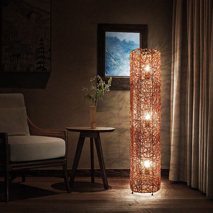 Modern Minimalist Iron Rattan Weaving Column Shaped 3-Light Standing Floor Lamp For Living Room &amp; Bedroom