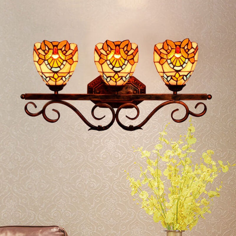 Vintage Tiffany Baroque Stained Glass 3-Light Wall Sconce Lamp