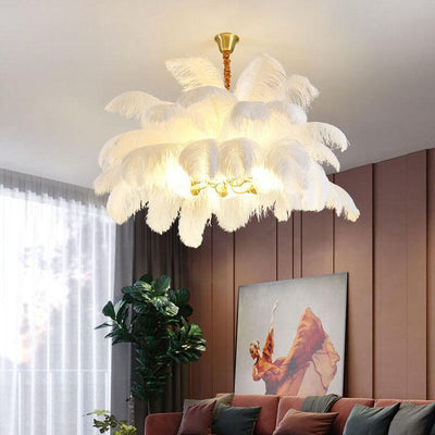 Modern Ostrich Feather 6-Light Brass Chandeliers