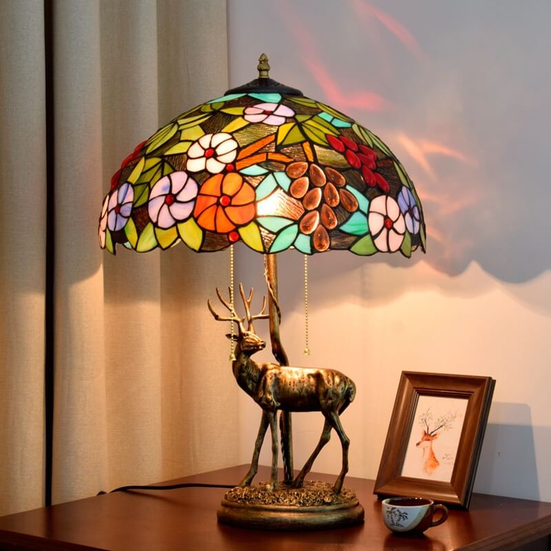 Tiffany Stained Glass Elk Base 2-Light Table Lamp
