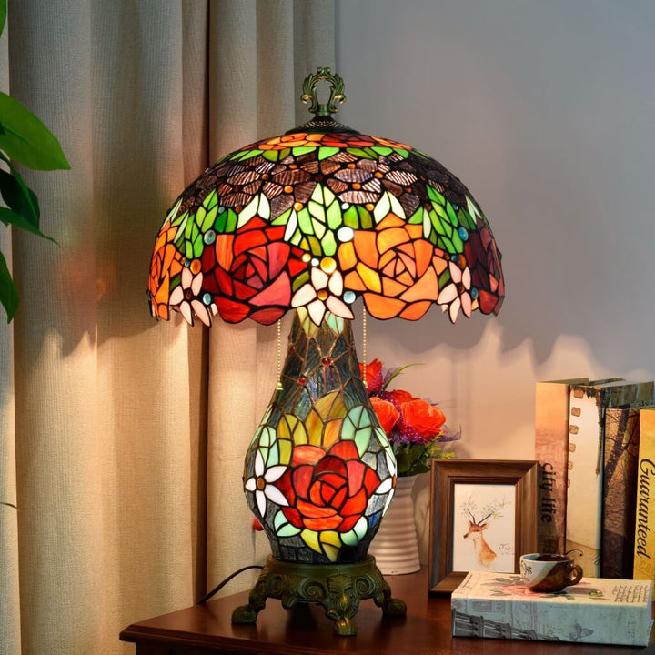 Tiffany Rustikale Rosen Buntglas 3-Licht Tischlampe 