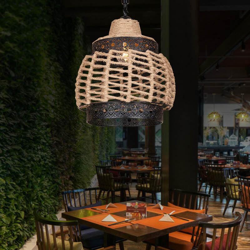 Industrial Hemp Rope Weaving Round 1-Light Pendant Light