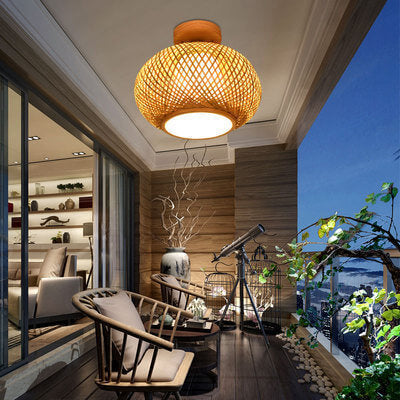 Modern Bamboo Weaving Dome 1-Light Semi-Flush Mount Ceiling Light