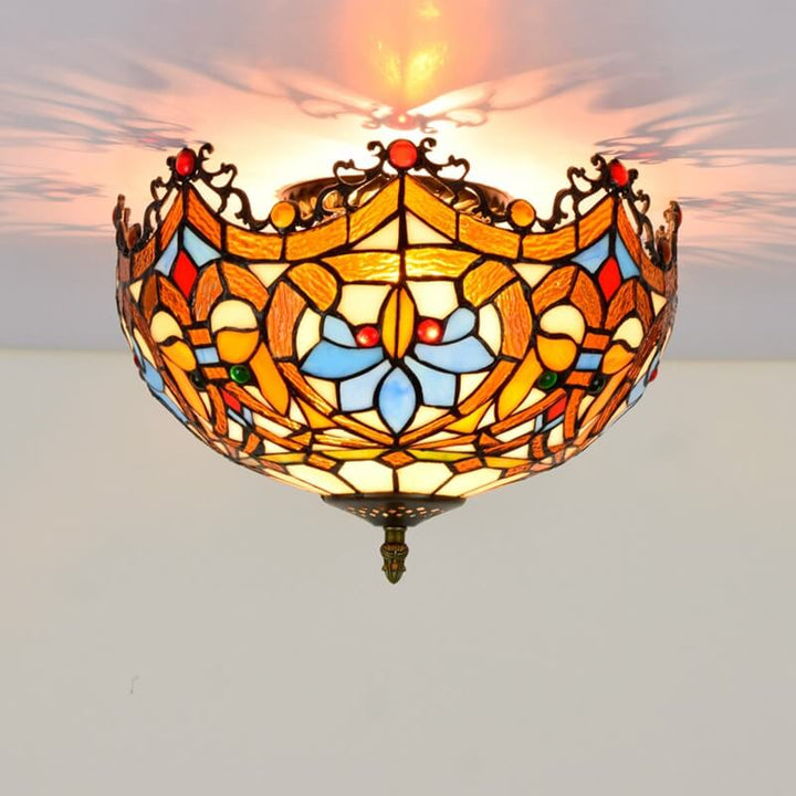 Vintage Tiffany Vidriera de Cristal en Forma de Cuenco 2 Luces Lámpara de Techo Empotrada 